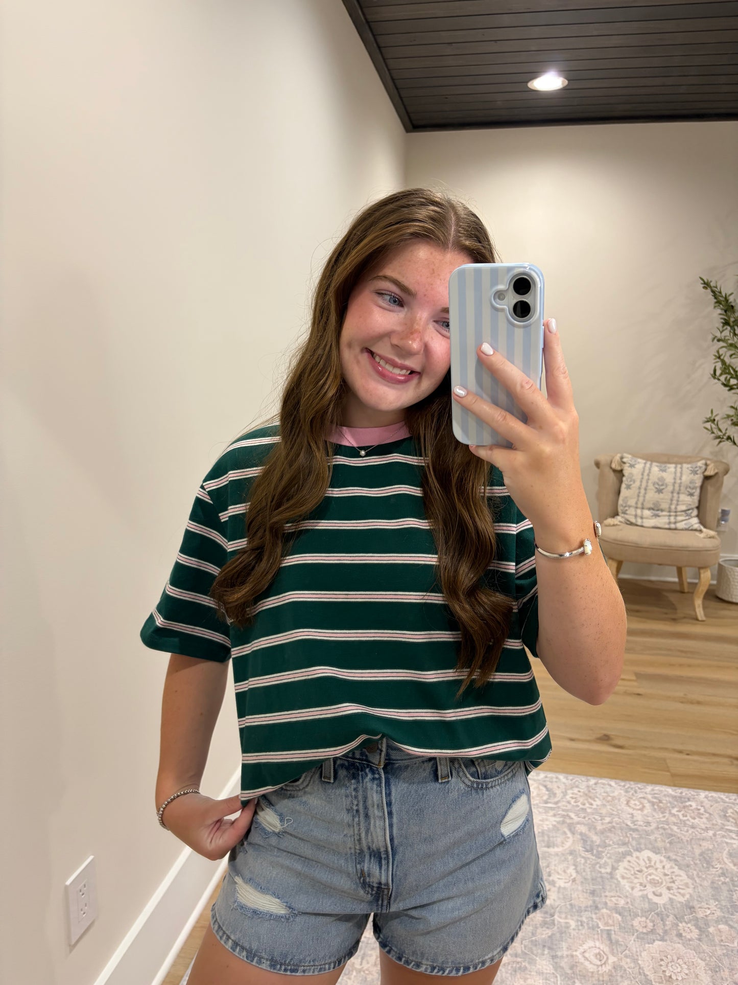 Signature Boxy Stripe Tee - Emerald/Pink