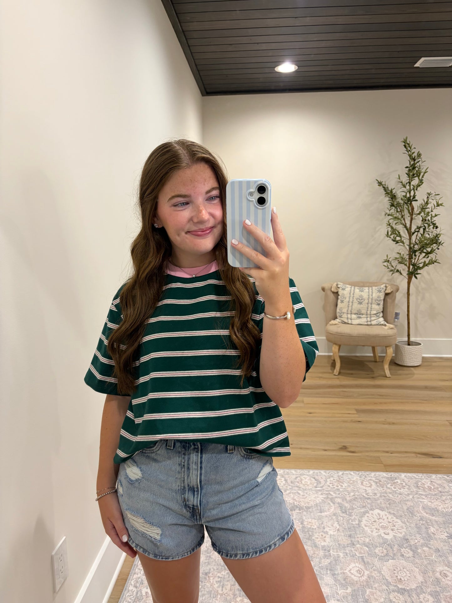 Signature Boxy Stripe Tee - Emerald/Pink