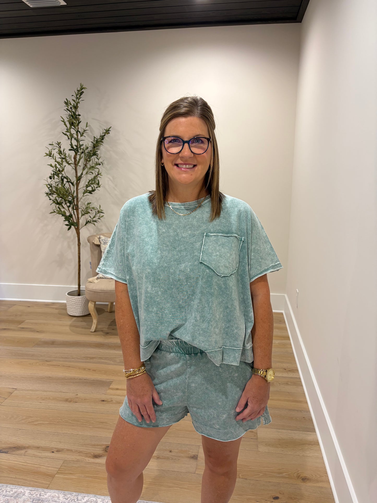 Halo Snow Washed Boxy Top & Shorts Set - Light Green