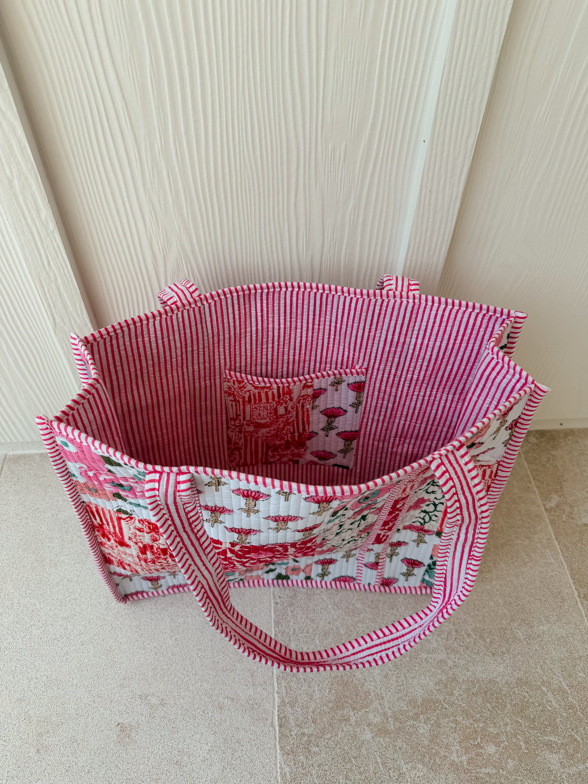 Large Quilted Tote Bag - Pink Poppy