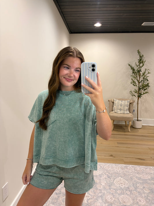 Halo Snow Washed Boxy Top & Shorts Set - Light Green