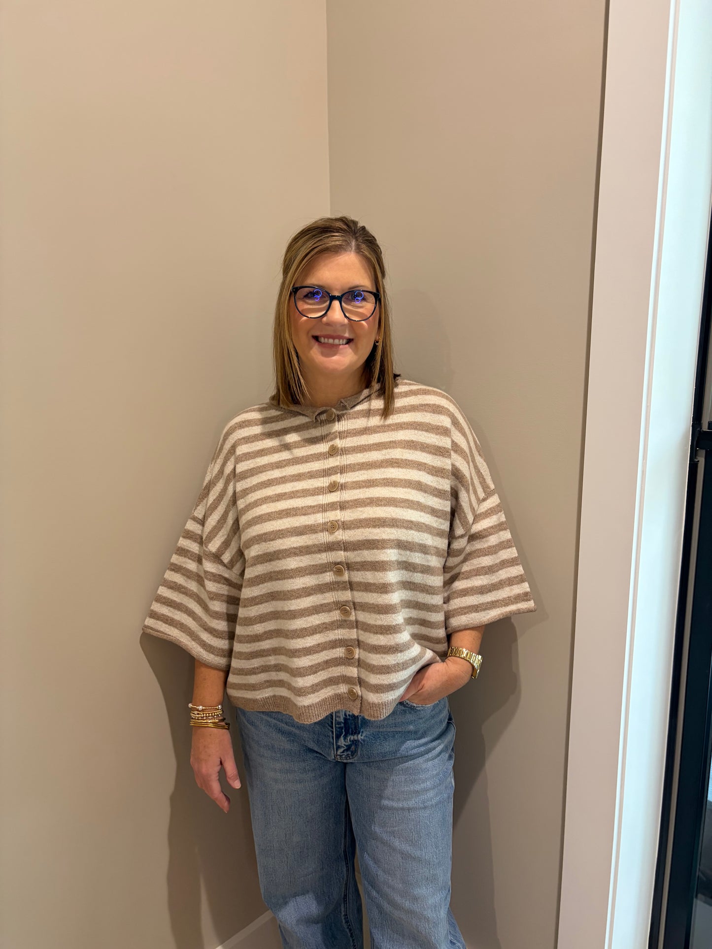 The Cozy Stripe Cardigan - Light Mocha