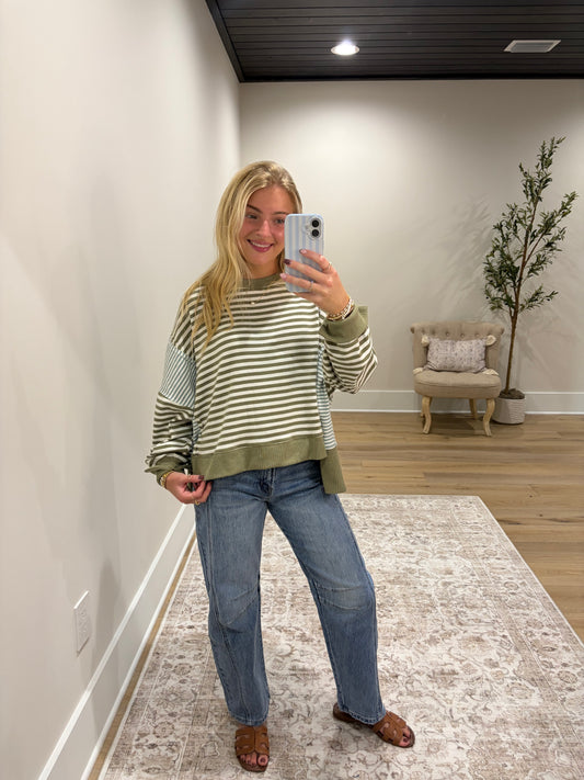 The Avery Mixed Stripe Pullover - Olive/Mint