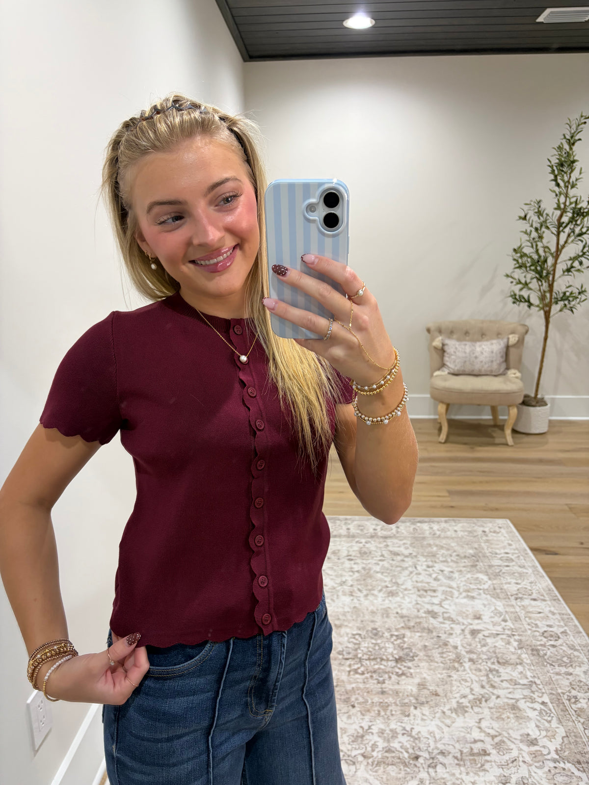 The Clara Scallop Top - Burgandy