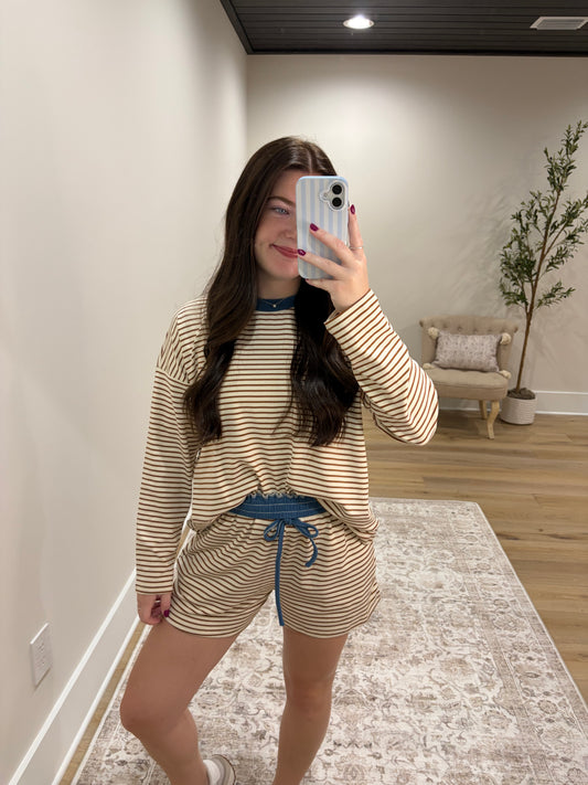 The Long Sleeve Annie Striped Set - Cream/Brown/Blue