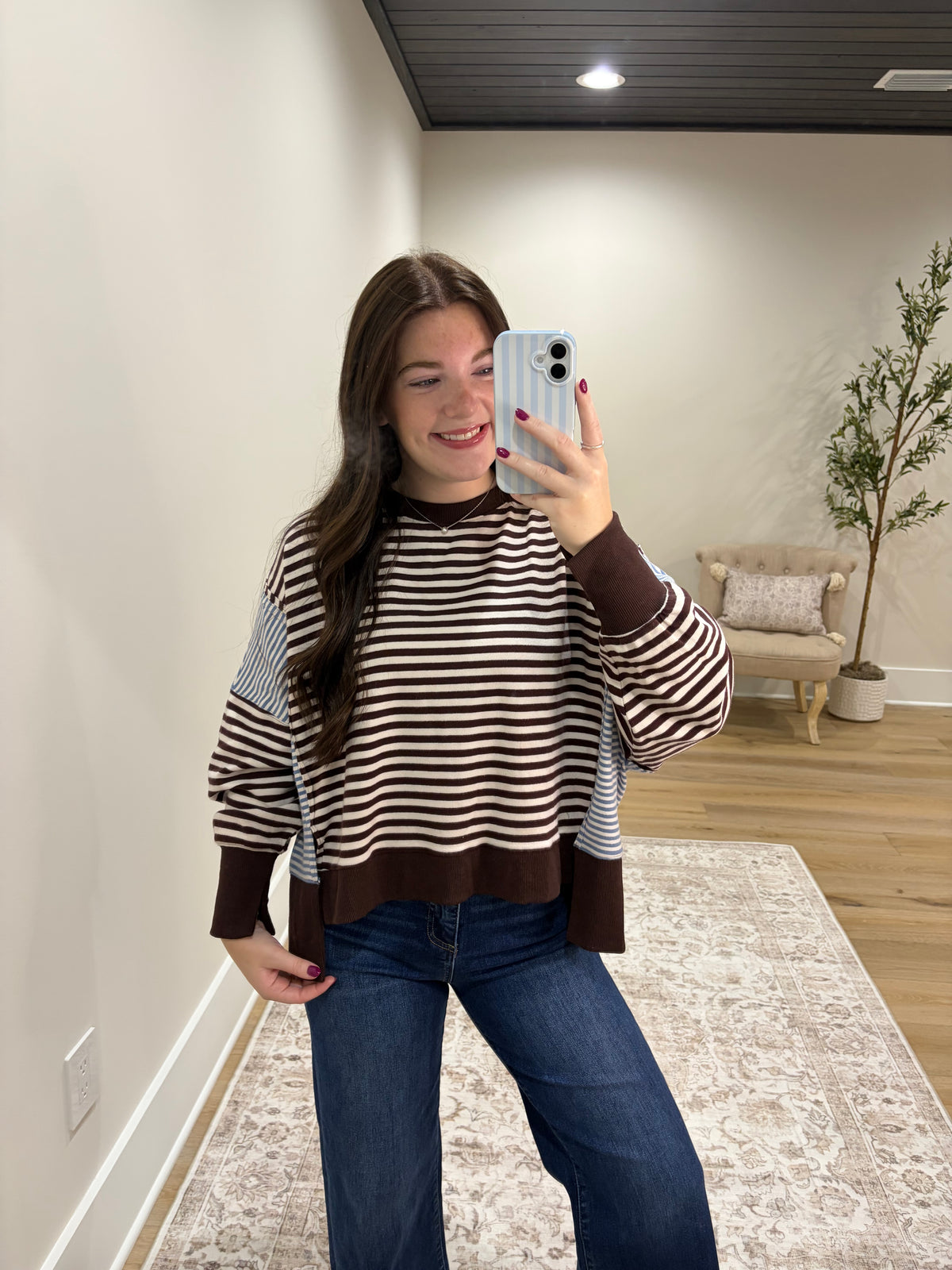 The Avery Mixed Stripe Pullover - Chocolate Brown/Light Blue