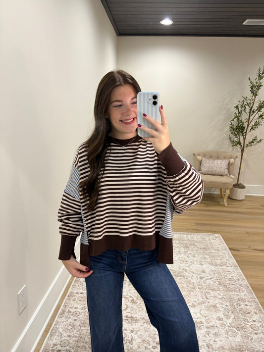 The Avery Mixed Stripe Pullover - Chocolate Brown/Light Blue