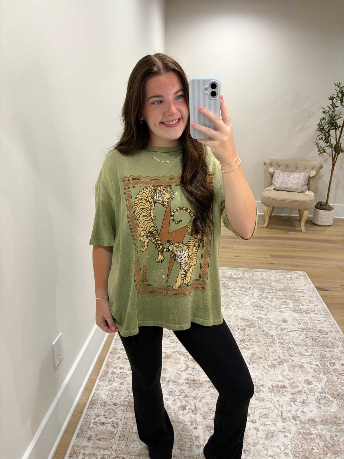 Vintage Tiger Boho Boxy Tee - Olive