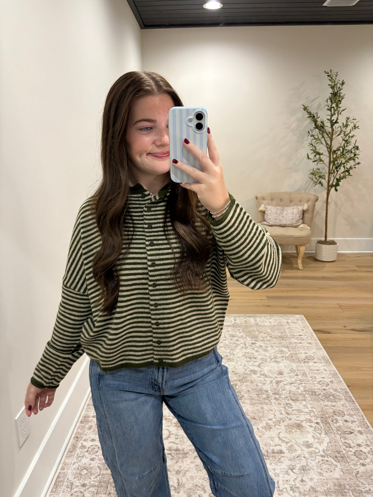 Olive Stripe Button Cardigan