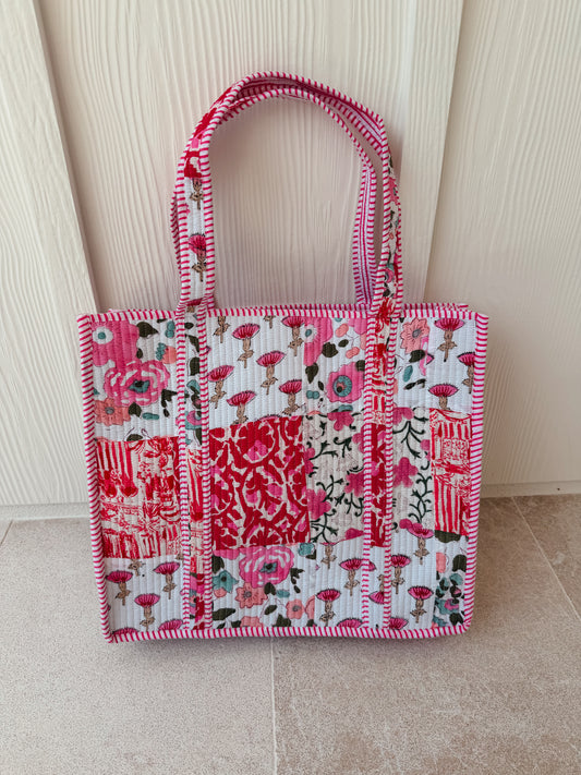 Large Quilted Tote Bag - Pink Poppy