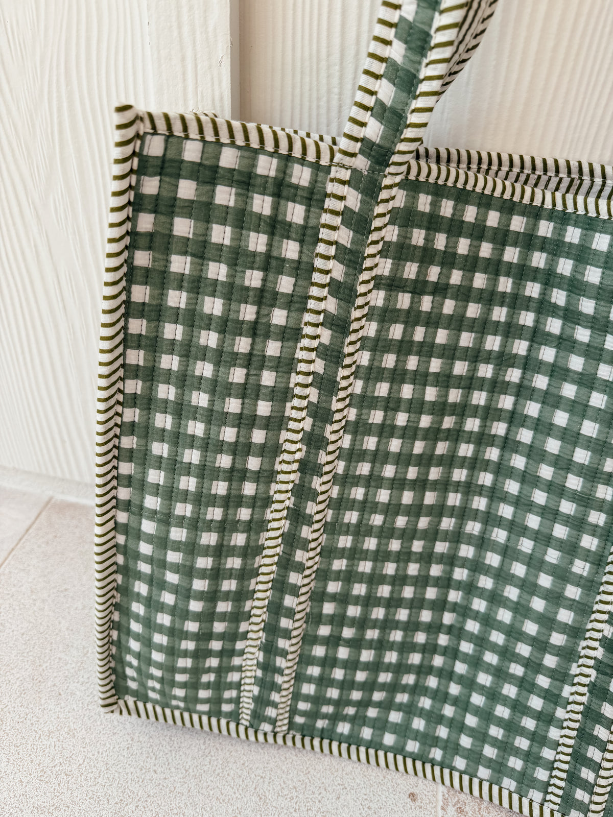 Large Quilted Tote Bag - Light Green Gingham
