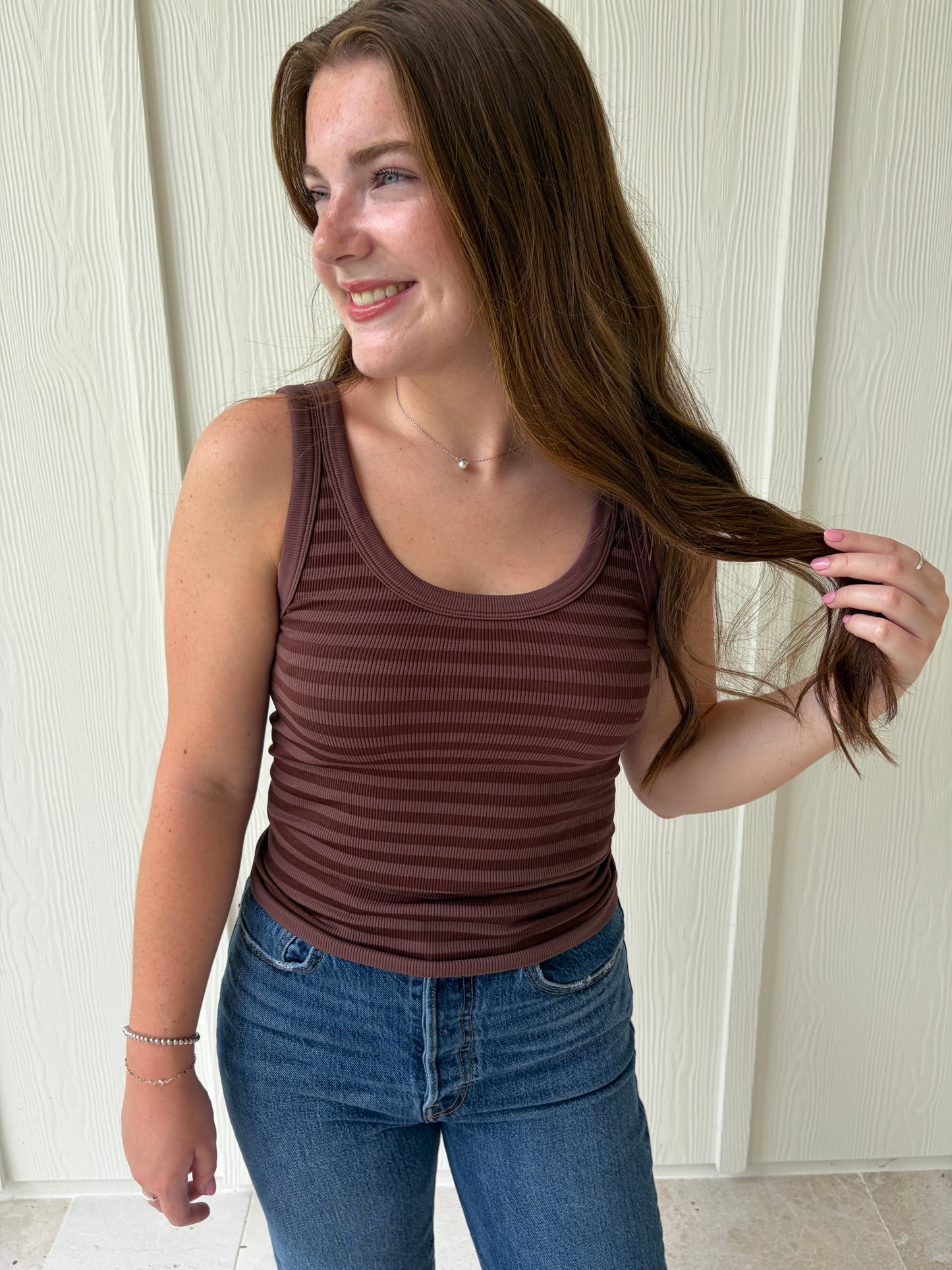 Double Take Ribbed Tank - Brown