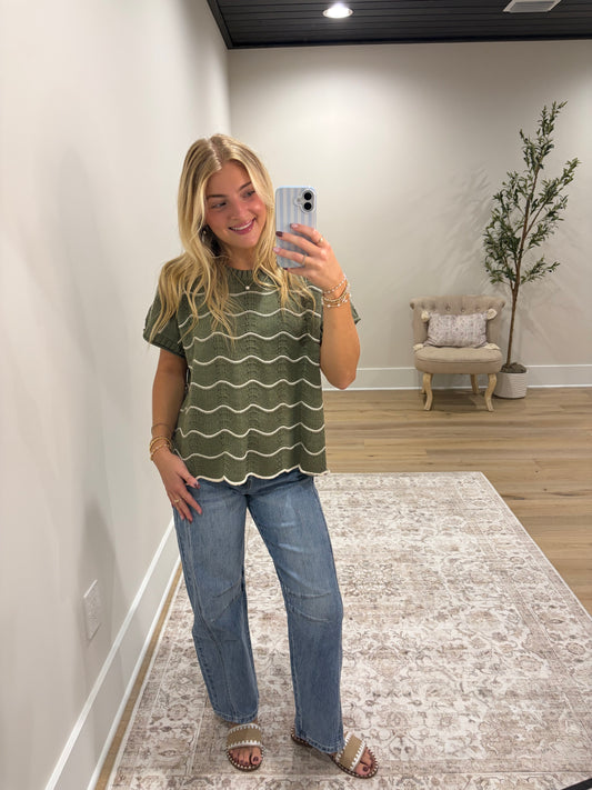 Wavy Days Stripe Knit Top - Olive