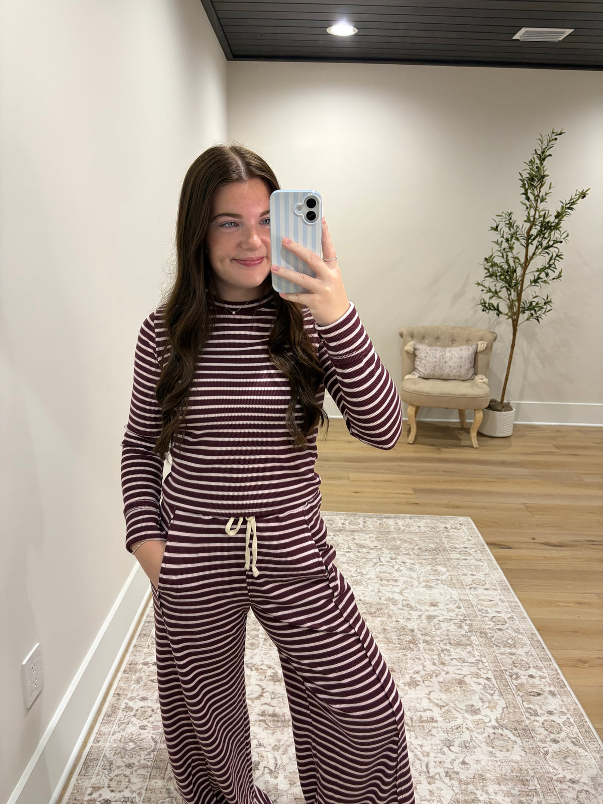 The Brynn Waffle Stripe Set - Dark Cherry