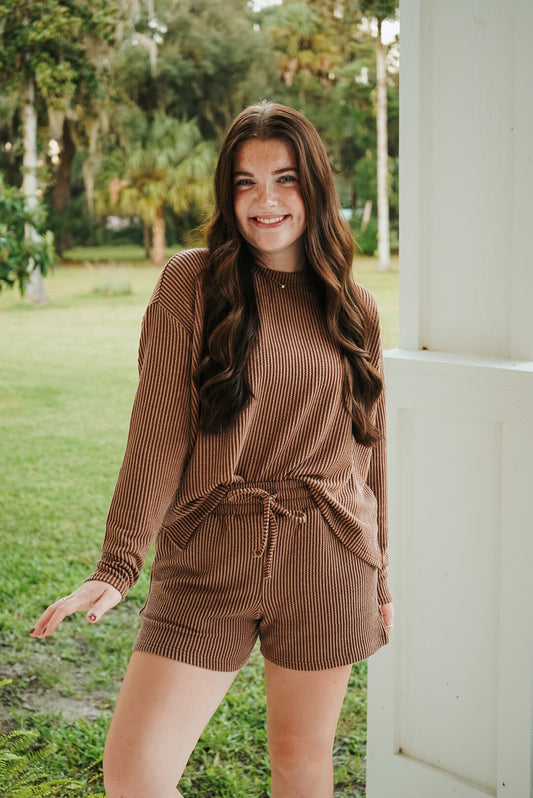 Comfort Stretch Ribbed Long Sleeve Short Set - Cocoa