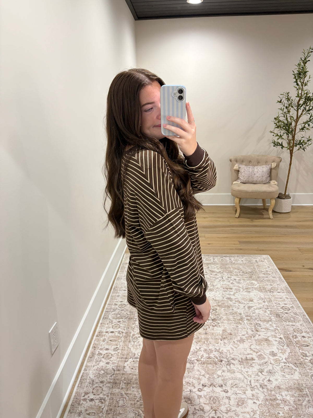 The Reece Henley Striped Short Set - Chocolate Brown/Cream