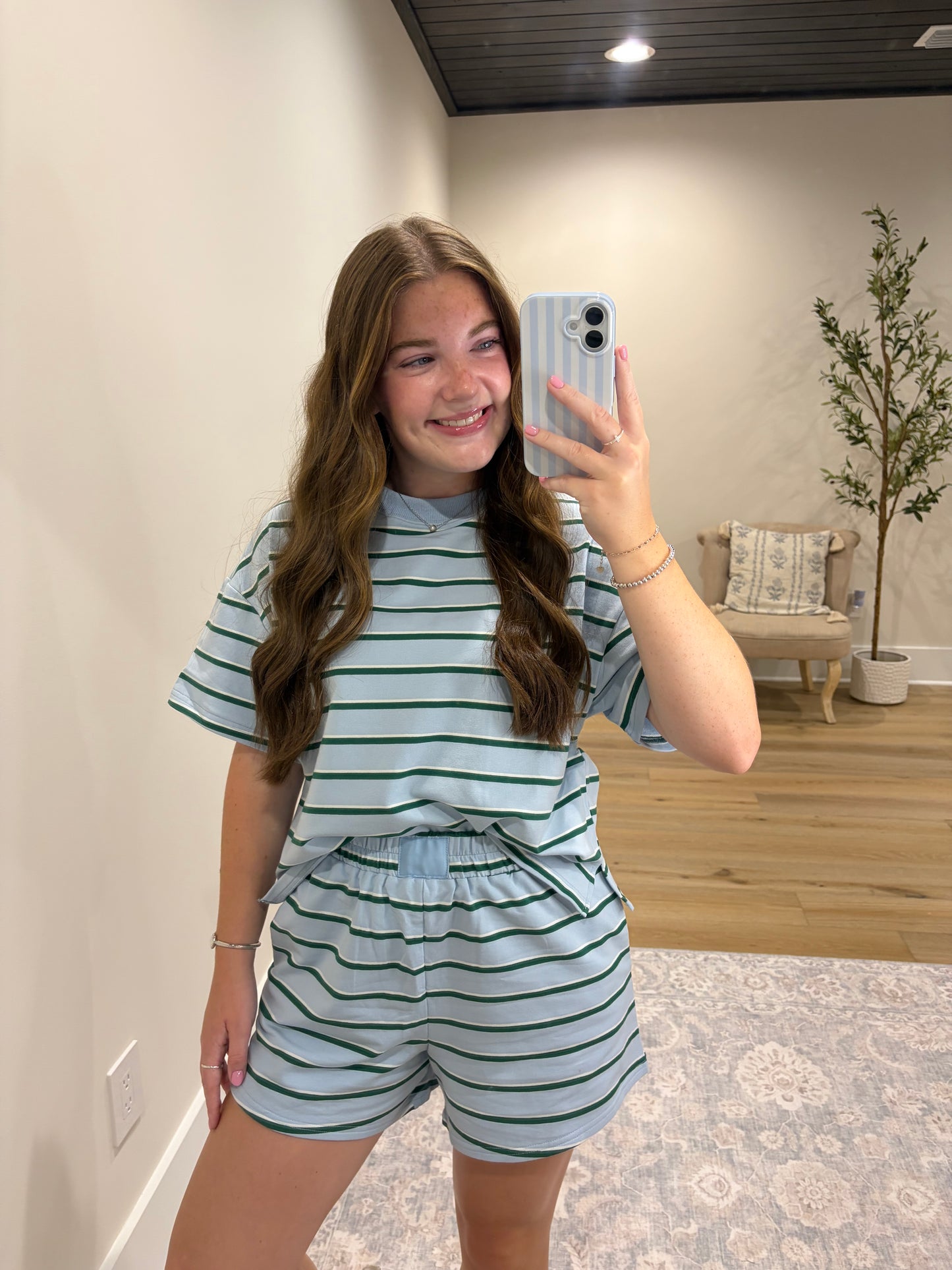 Striped Delight Set - Baby Blue/Hunter Green