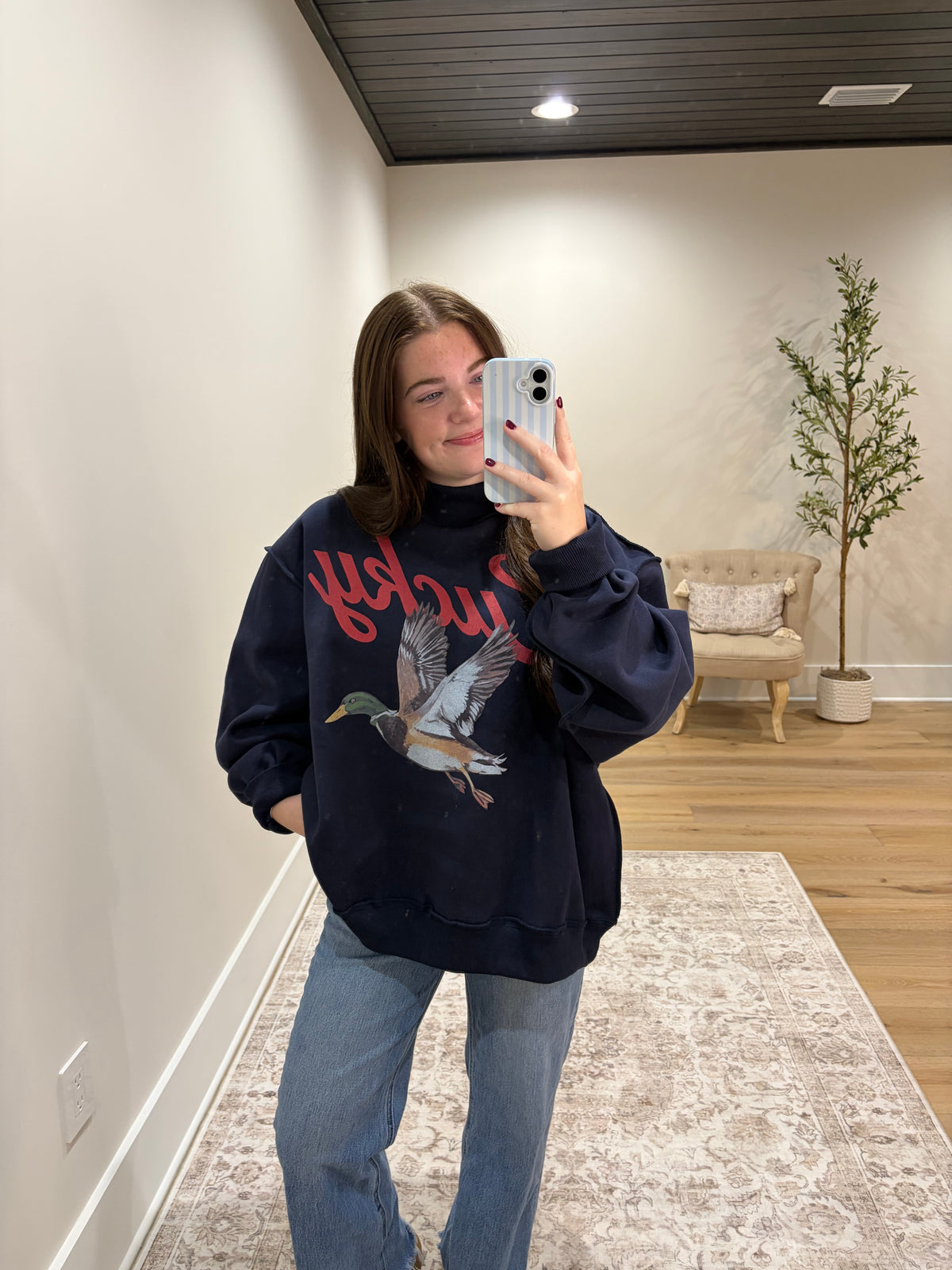 Lucky Mallard Mock Neck Pullover - Navy