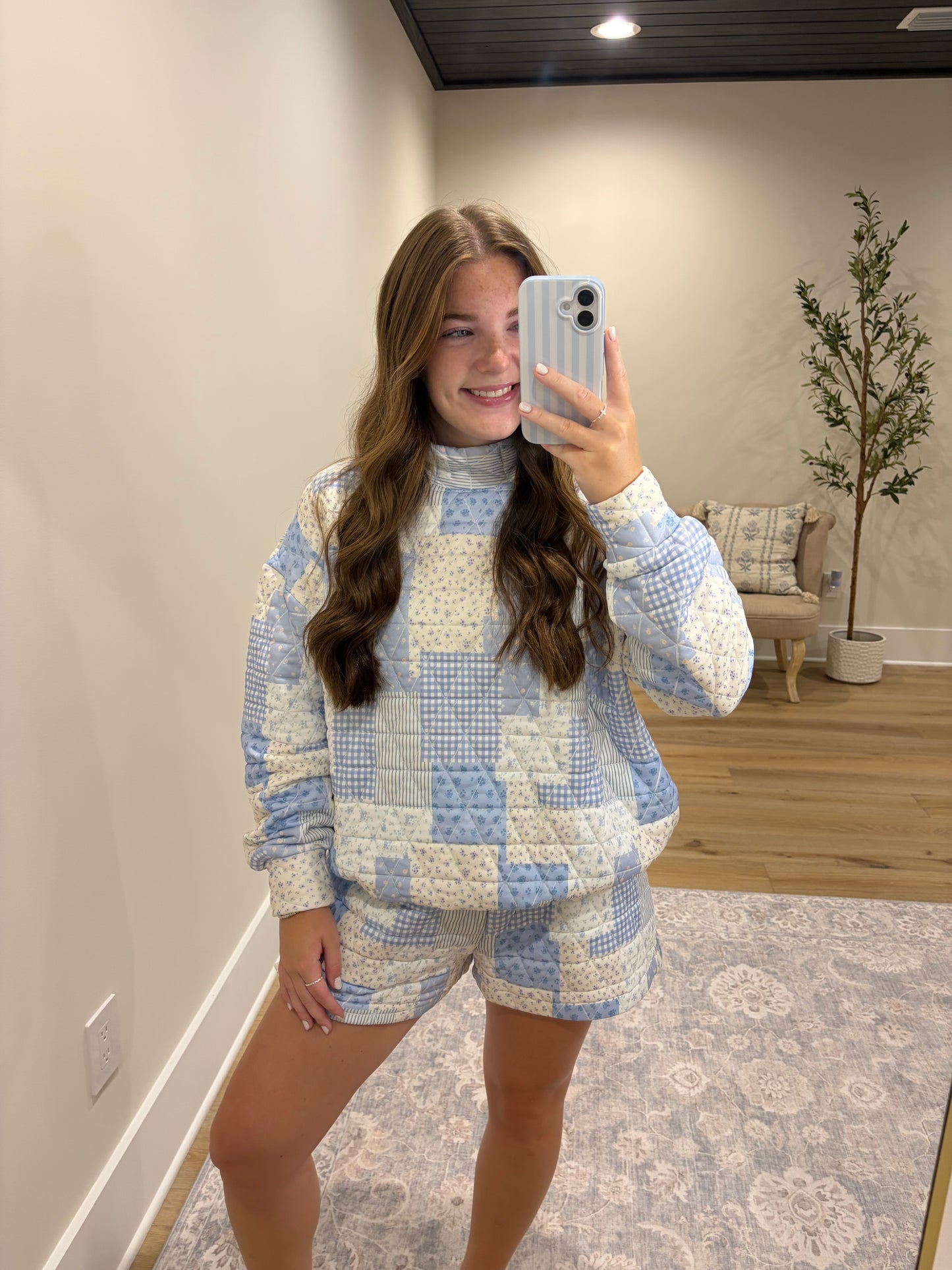 Patchwork Quilted Set - Light Blue