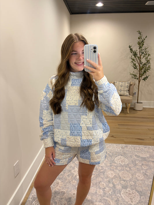 Patchwork Quilted Set - Light Blue