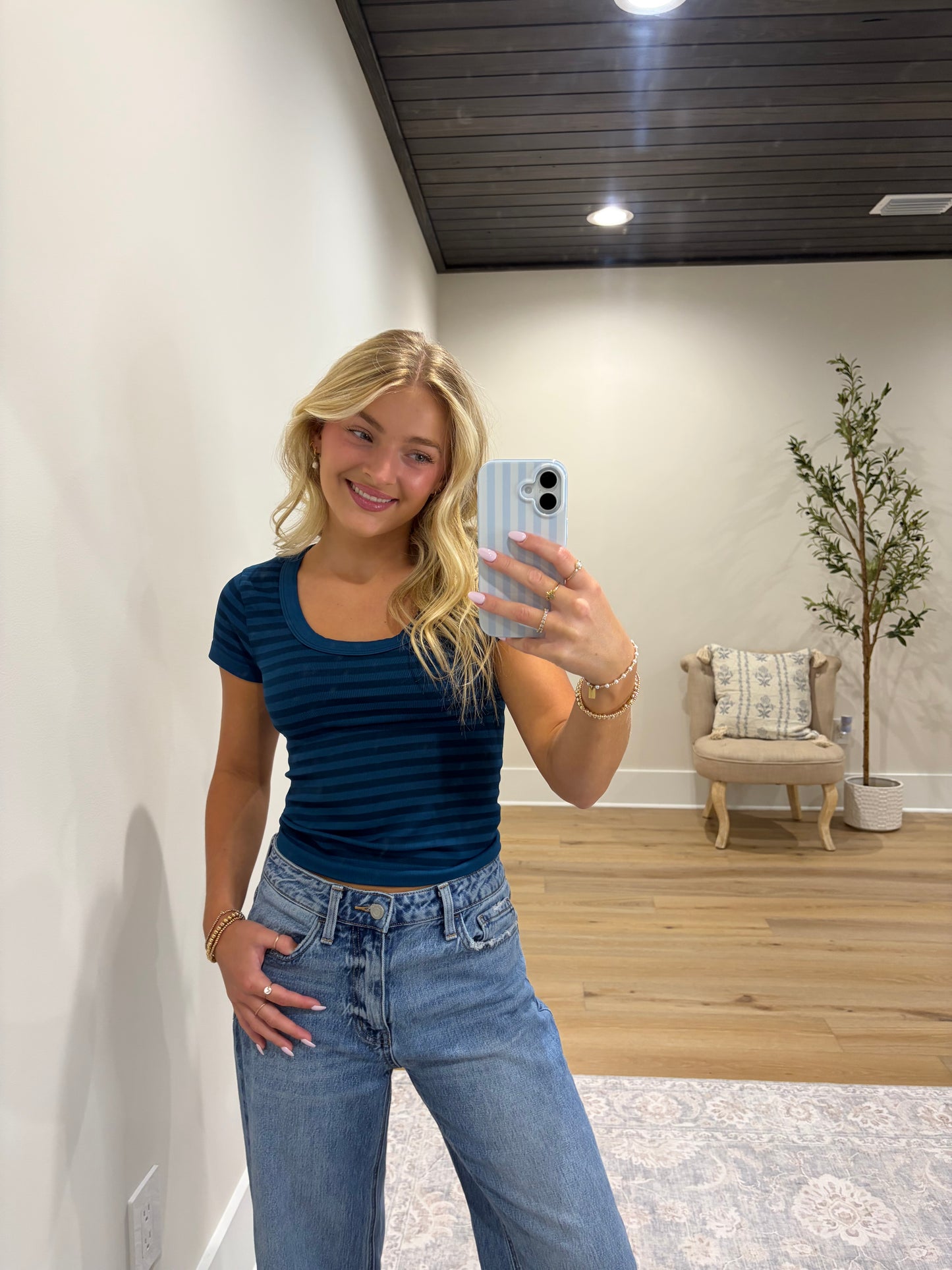 Core Ribbed Scoop Neck Top - Teal