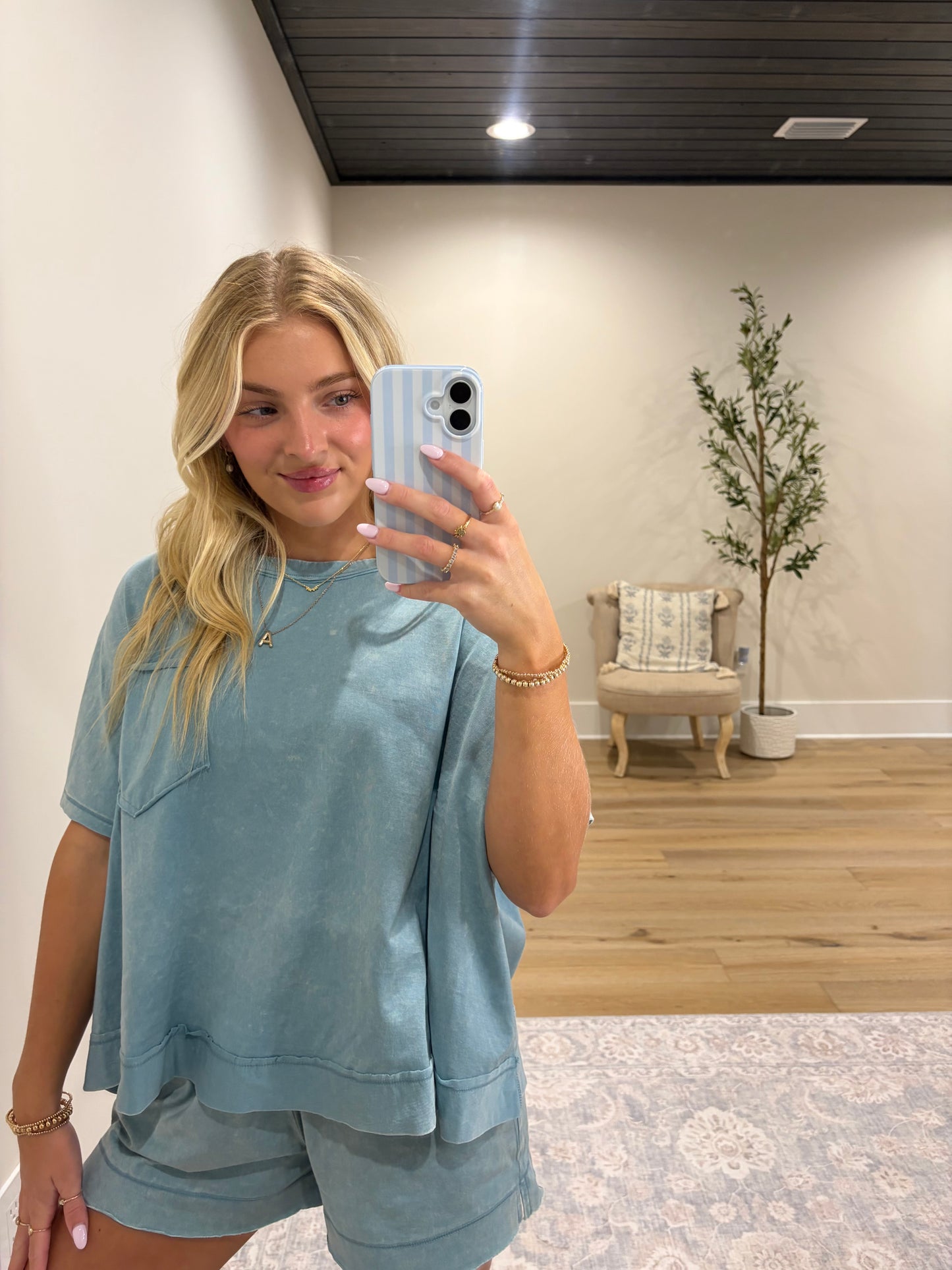 Halo Snow Washed Boxy Top & Short Set - Blue Grey