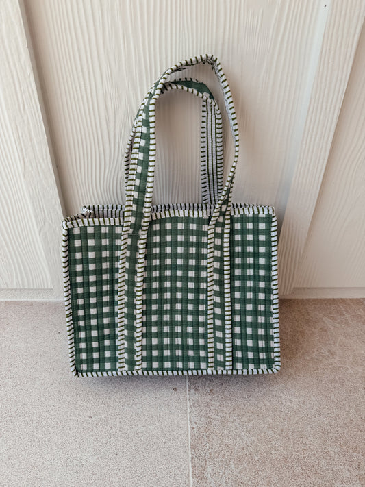 Mini Quilted Tote Bag - Light Green Gingham