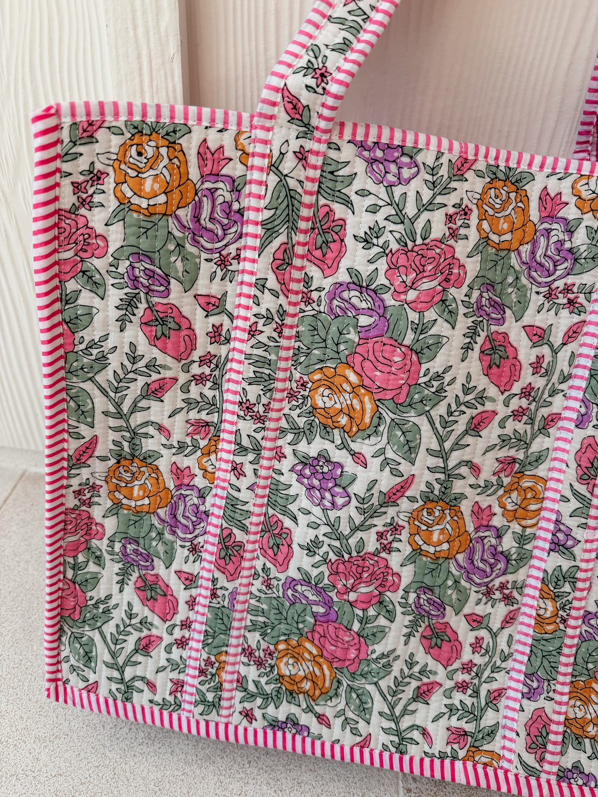 Large Quilted Tote Bag - Vintage Blooms