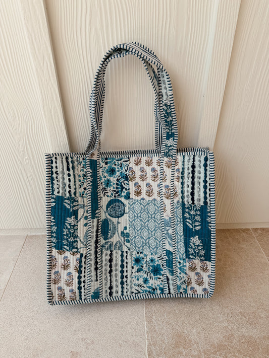 Large Quilted Tote Bag - Blueberry Bloom