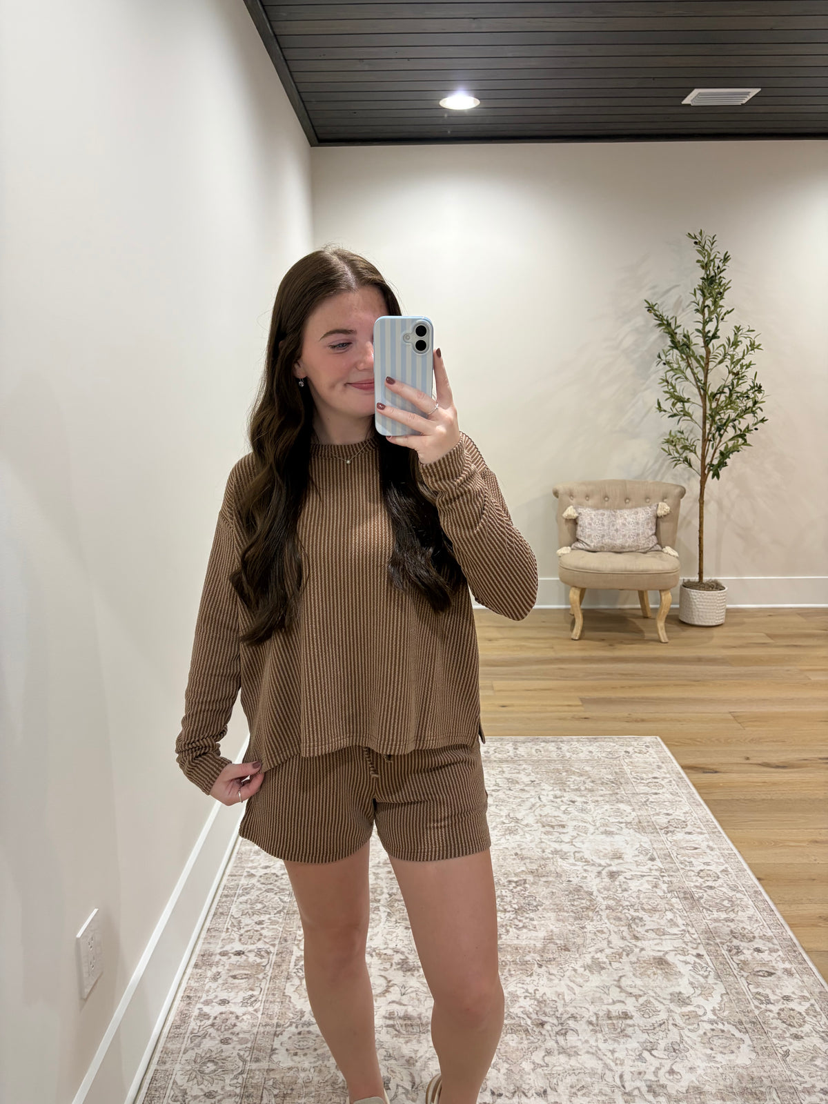 Comfort Stretch Ribbed Long Sleeve Short Set - Cocoa
