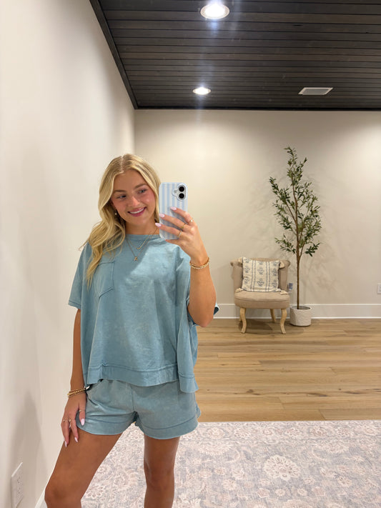 Halo Snow Washed Boxy Top & Short Set - Blue Grey