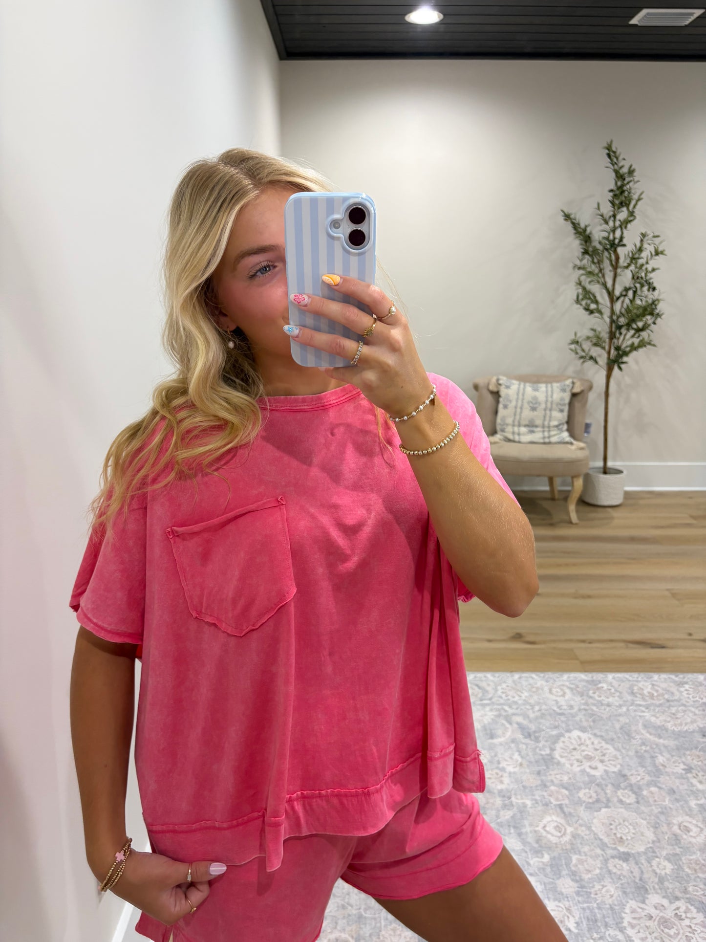 Halo Snow Washed Boxy Top & Shorts Set - Fuchsia