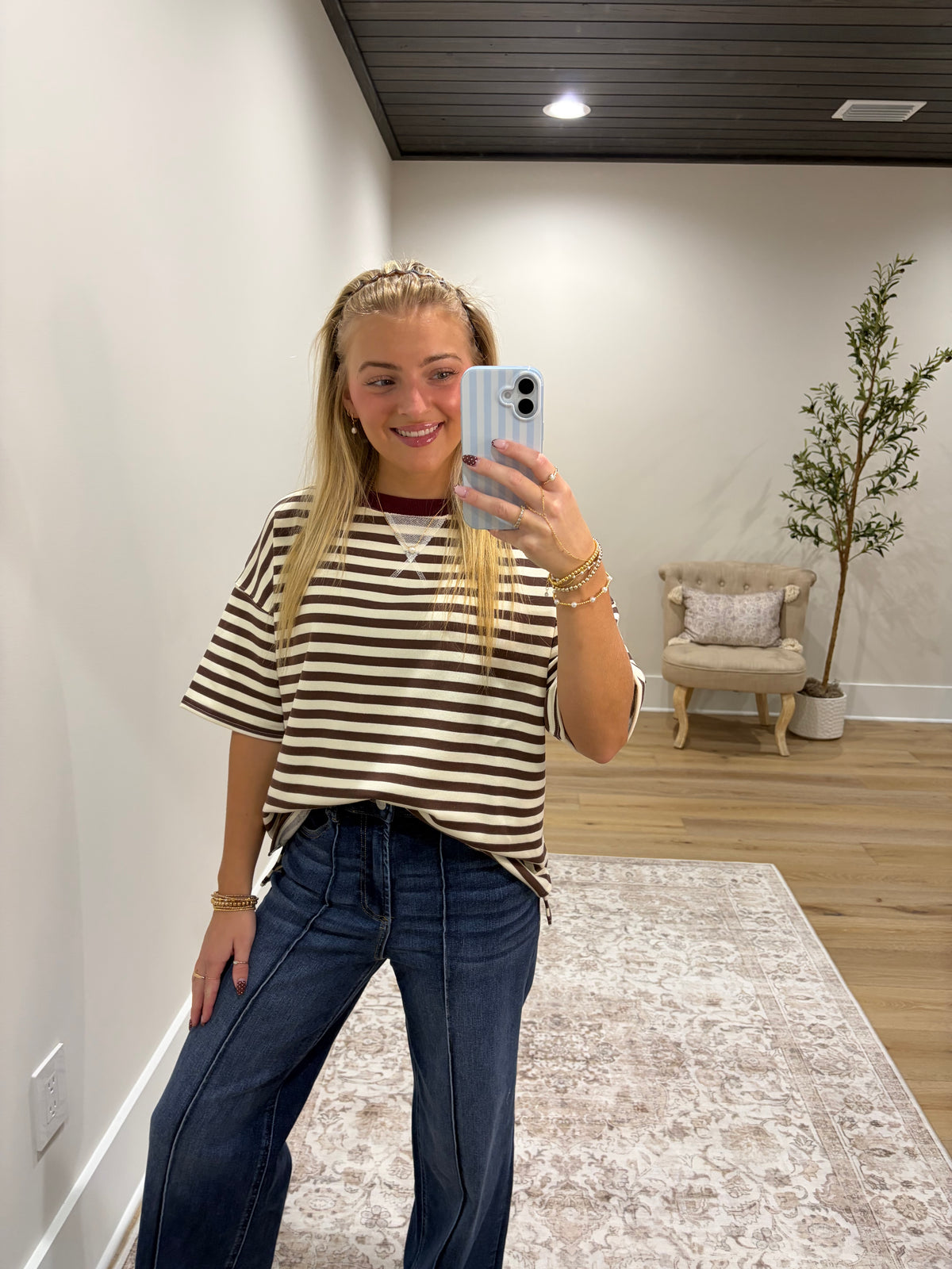 The Palmer Stripe Top - Brown/Burgundy