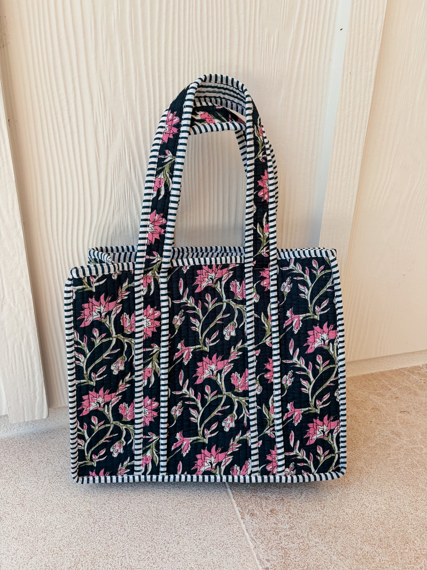 Mini Quilted Tote Bag - Navy Blossom