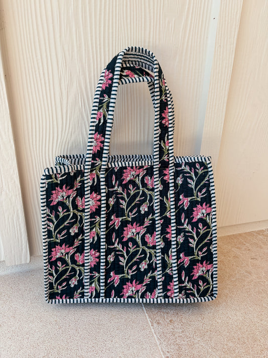 Mini Quilted Tote Bag - Navy Blossom