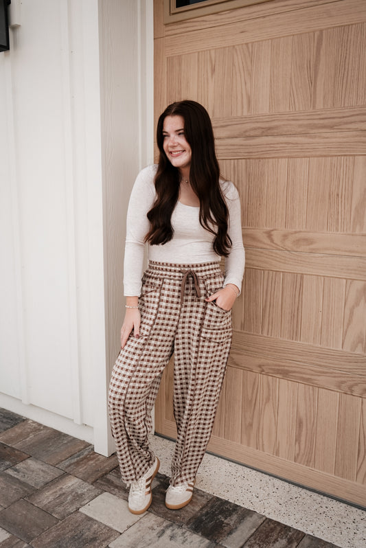 Checked Out Barrel Knit Pants - Mocha