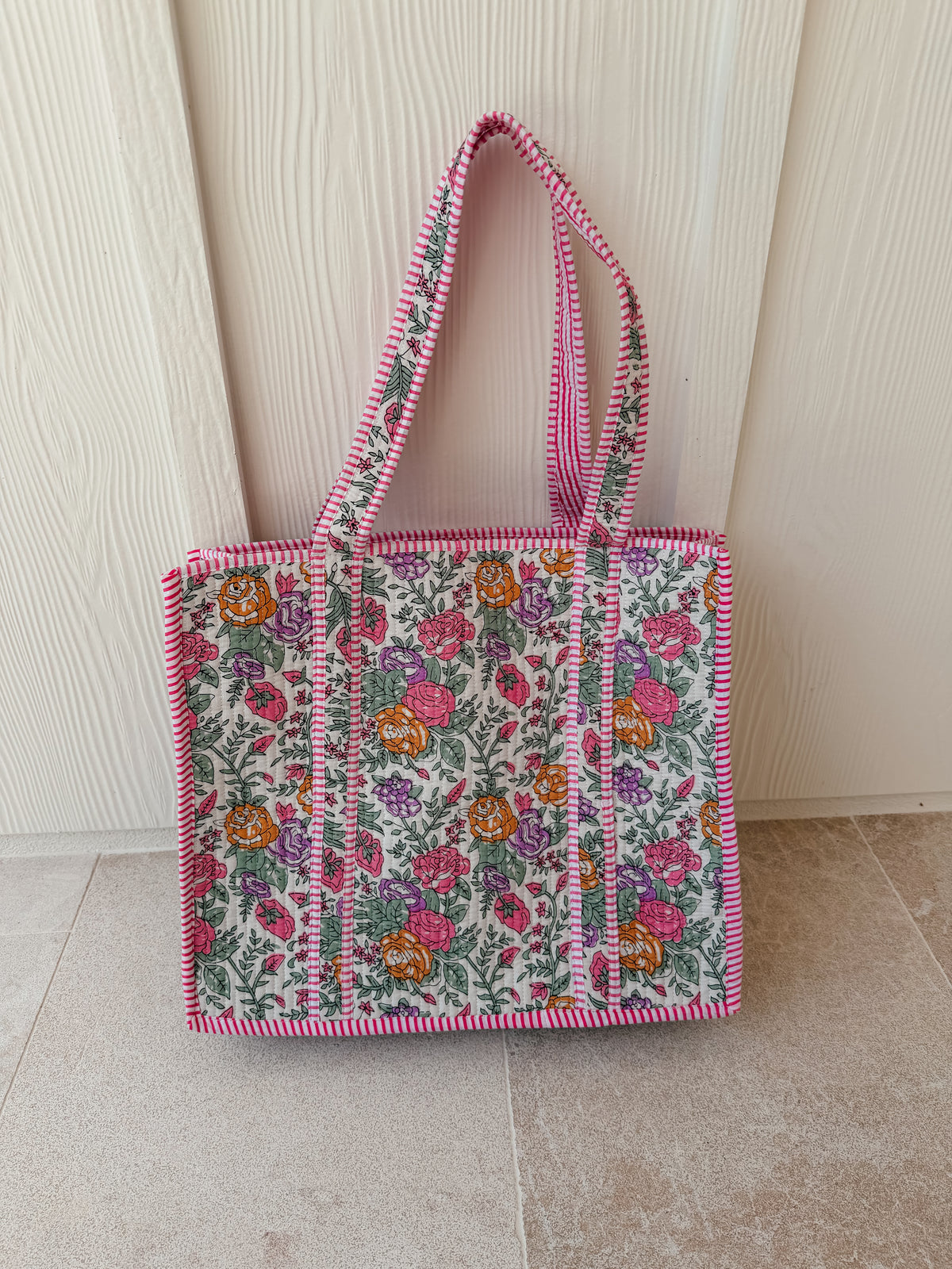 Large Quilted Tote Bag - Vintage Blooms