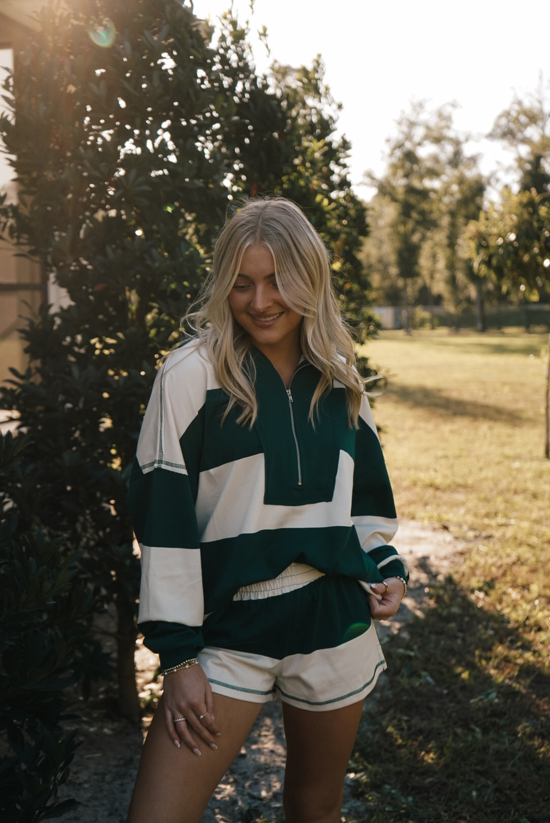 Long Sleeve Varsity Short Set - Hunter Green/Cream