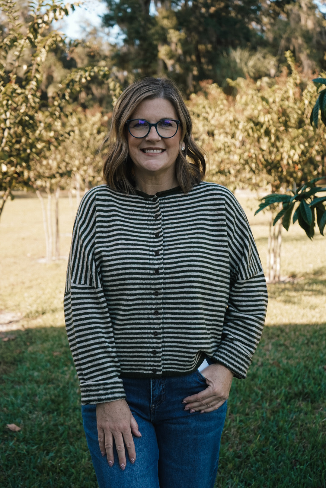 Olive Stripe Button Cardigan