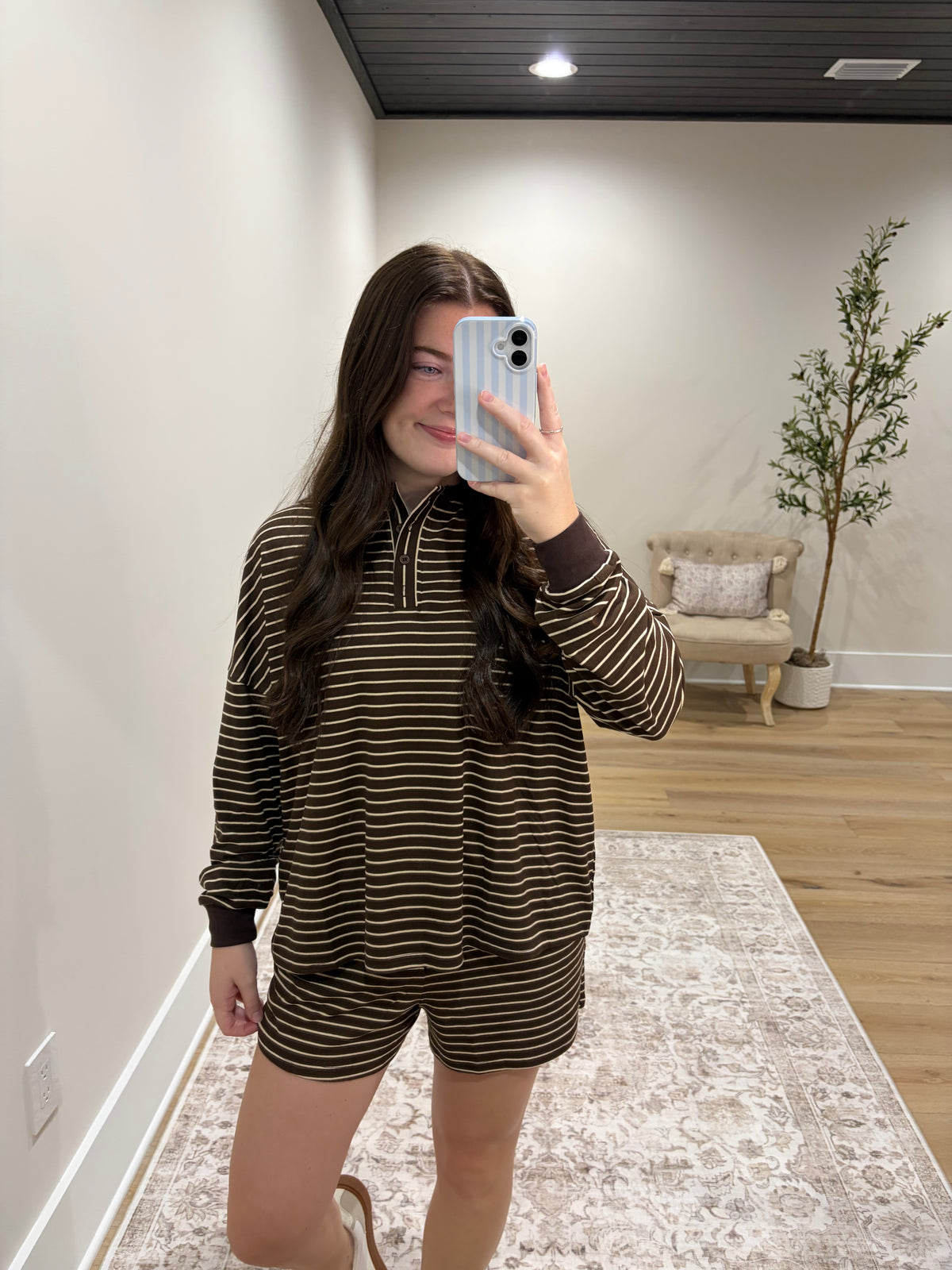 The Reece Henley Striped Short Set - Chocolate Brown/Cream