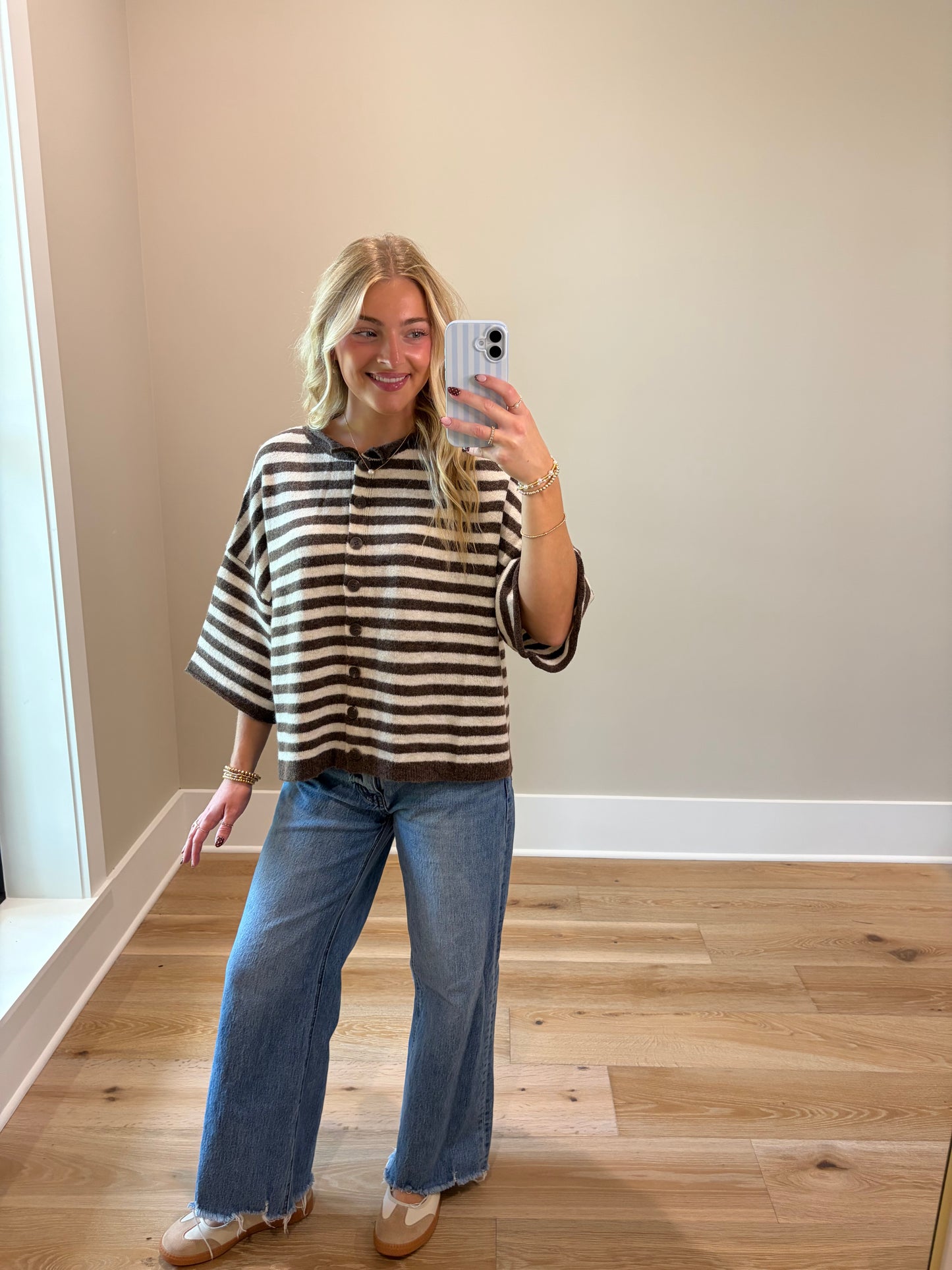 The Cozy Stripe Cardigan - Brown