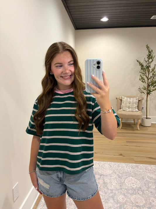 Signature Boxy Stripe Tee - Emerald/Pink