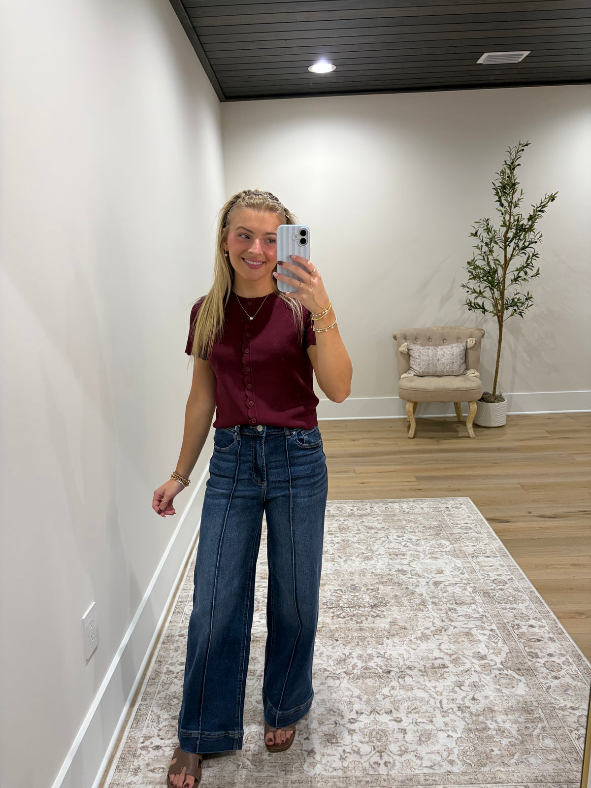 The Clara Scallop Top - Burgandy