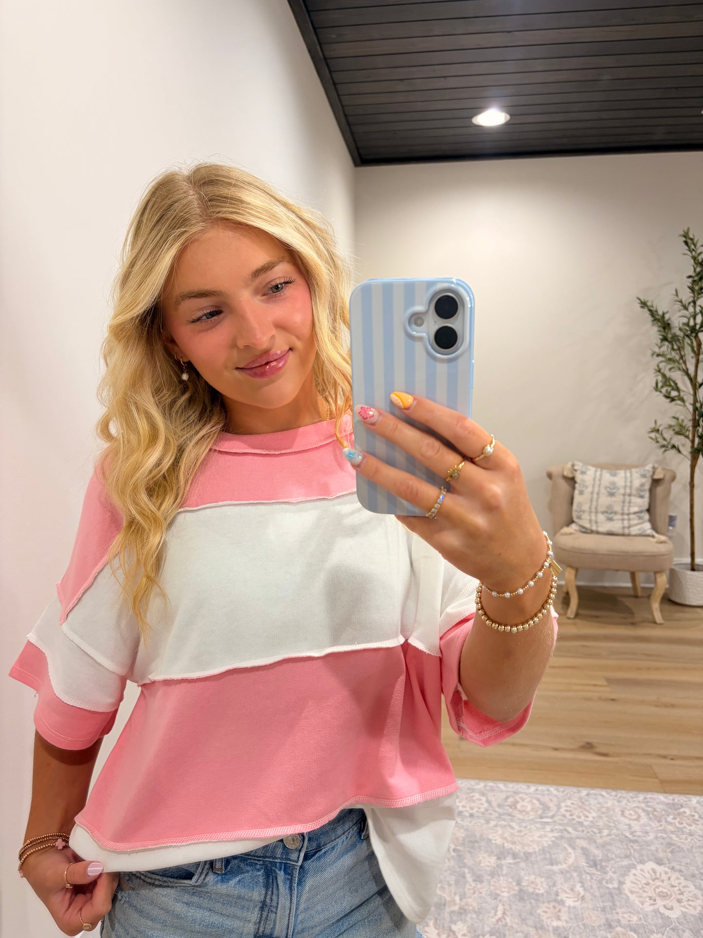 Classic Color Block Tee - Pink/White
